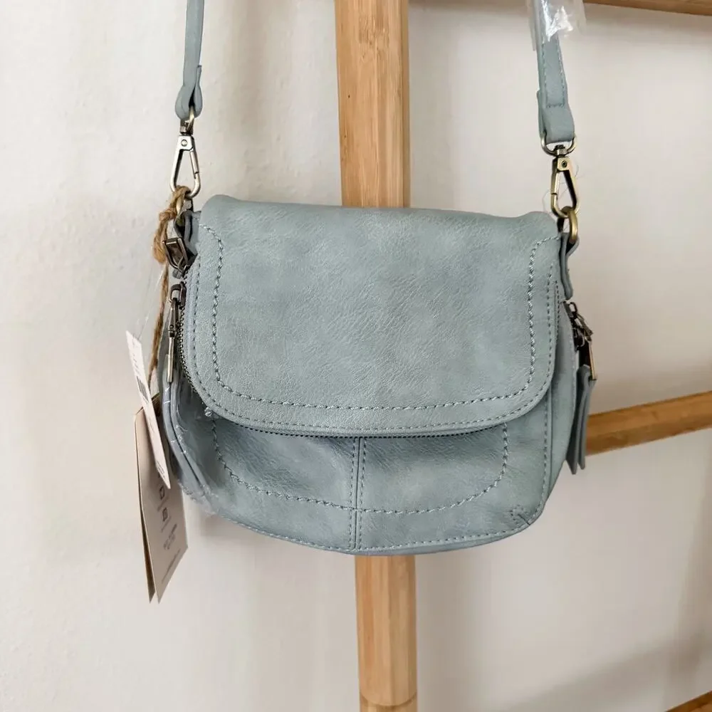 NWT Anthropologie Andi Kraft Dusty Blue Crossbody Saddle Bag Vegan Leather